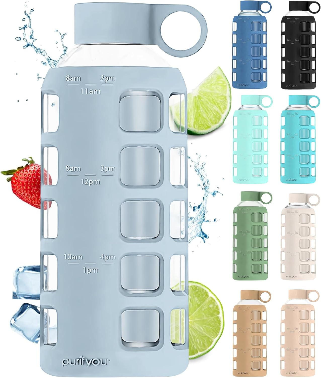 purifyou 40oz / 32oz / 22oz / 12oz Borosilicate Glass Water Bottle with Time & Volume Markers, Silicone Sleeve