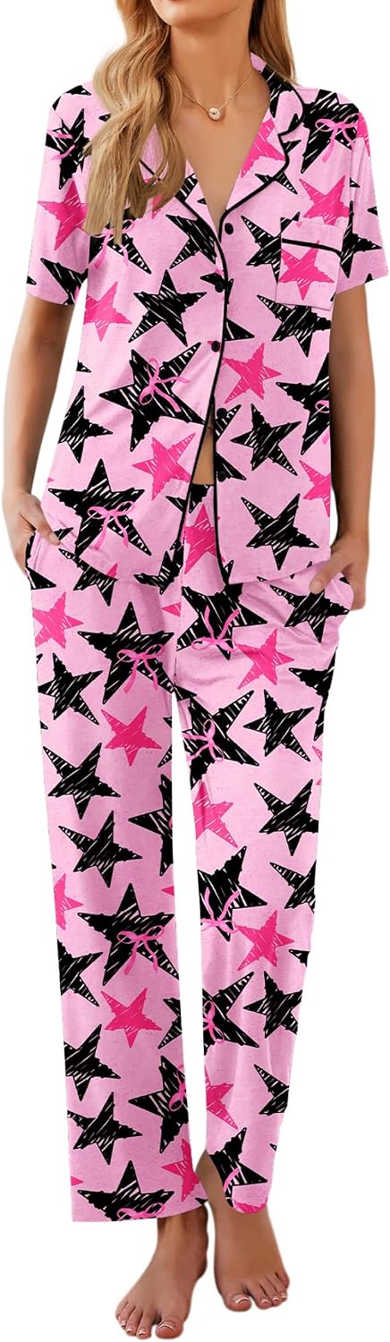 Ekouaer Womens Pajamas Set Short Sleeve Button Down Top & Pants Lounge Pjs