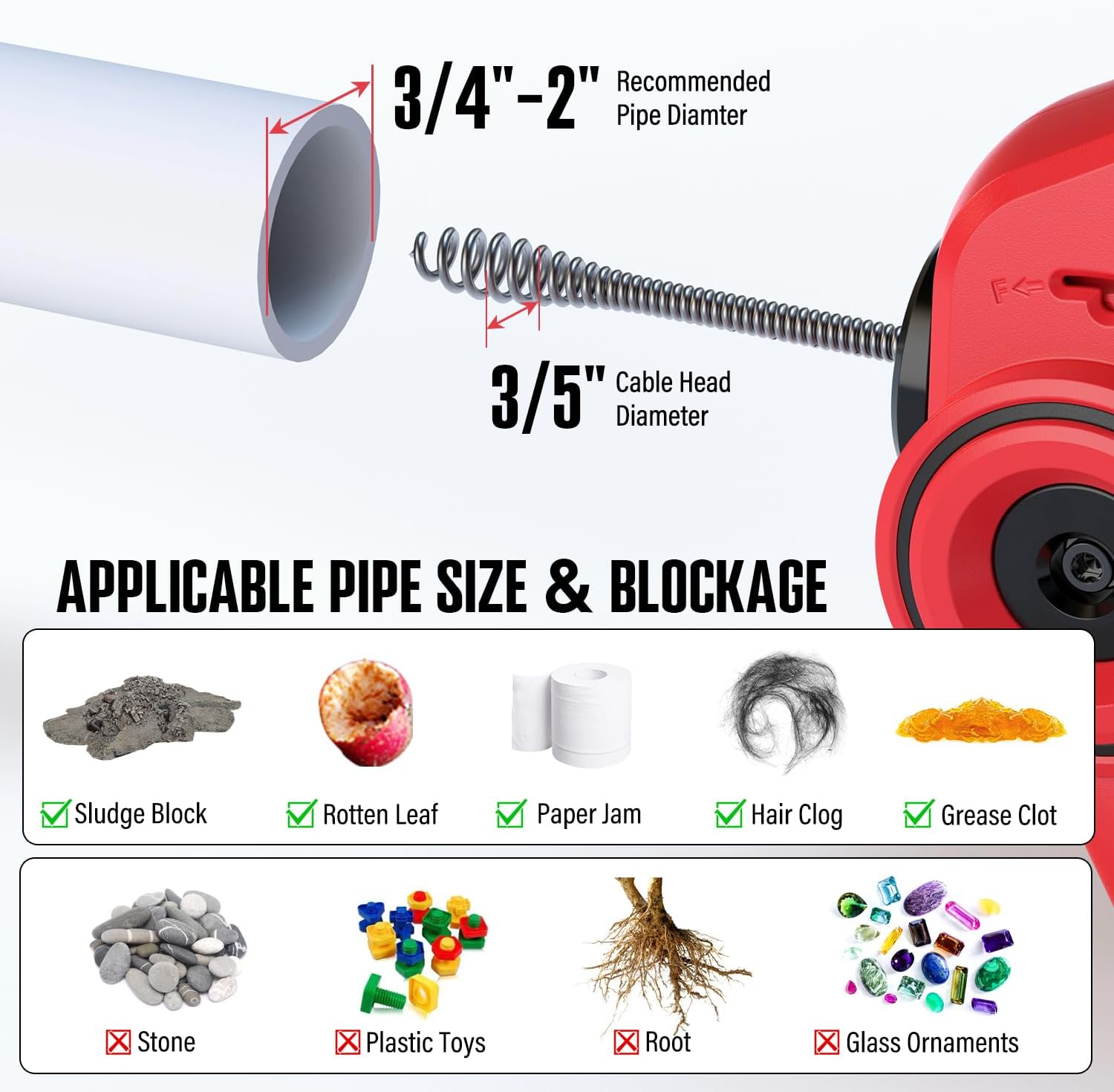 POPULO 20V Cordless Electric Drain Snake, 25Ft Replaceable Cable with 2.0Ah Battery, Extension Tube & Charger