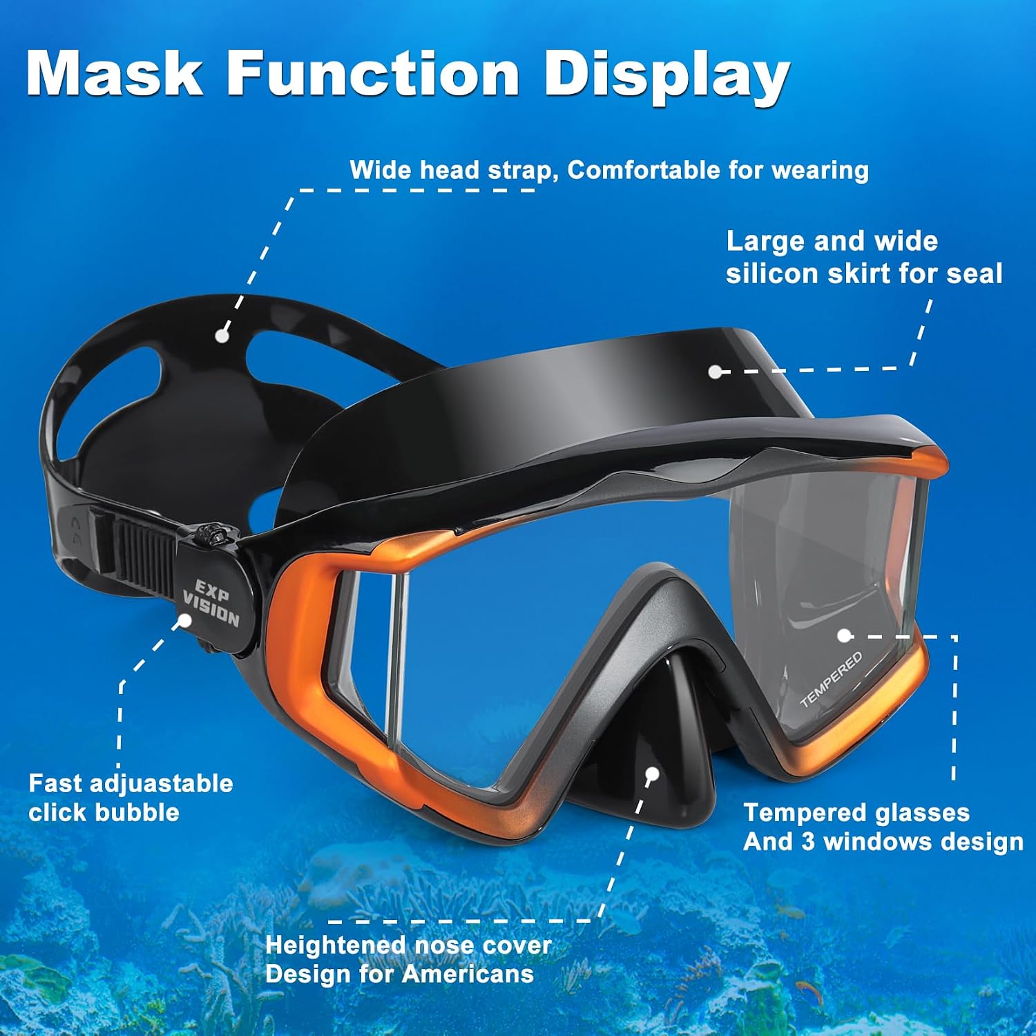 Adult Pano 3 Scuba Diving Mask, Tempered Glass Snorkel Mask Anti-Fog Swim Mask No Leakage Swim Goggles with Nose Cover Snorkeling Gear for Snorkeling
