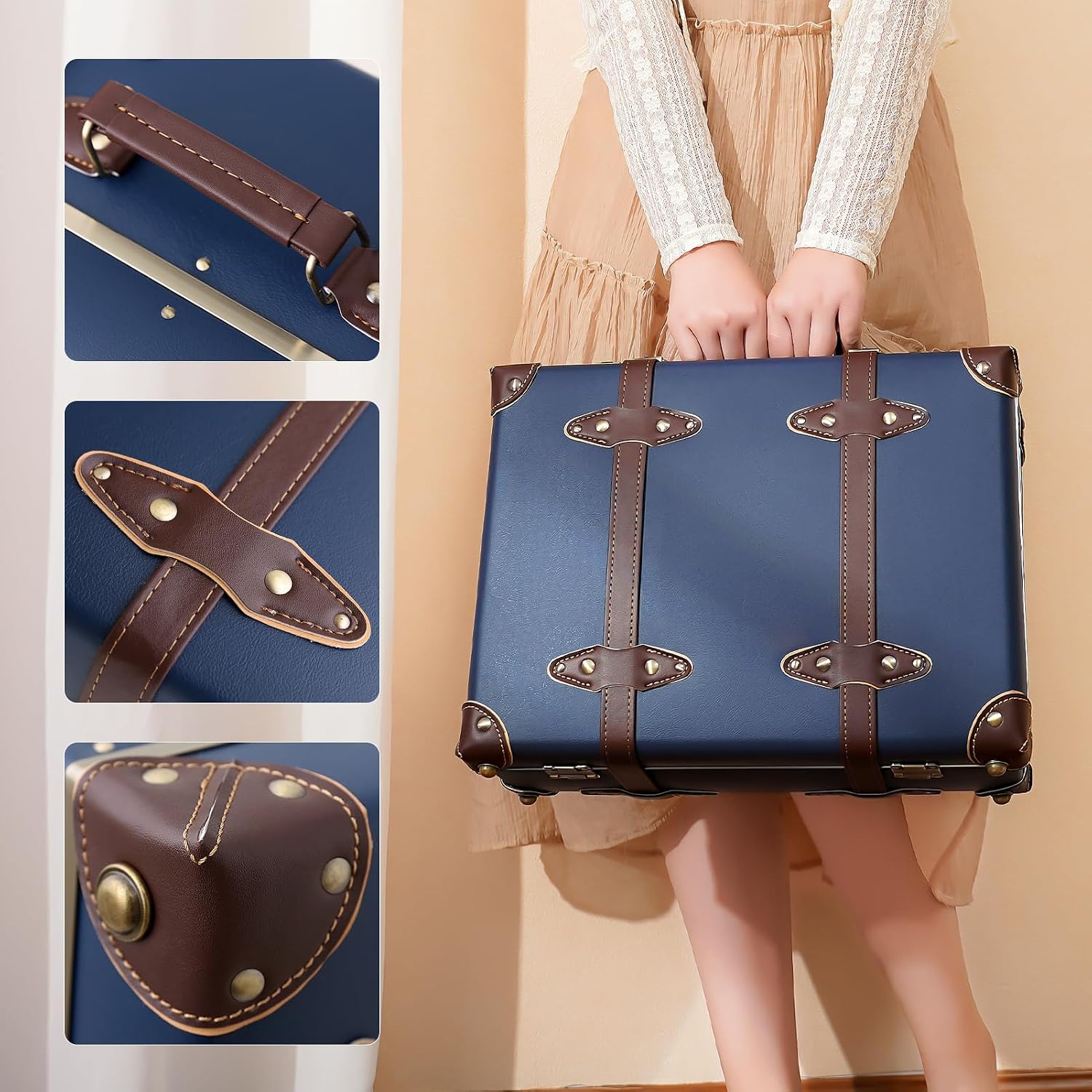 urecity Vintage and Cute Carry-on Overnight Case Non-wheeled Mini Leather Trunk Suitcase with Shoulder Strap
