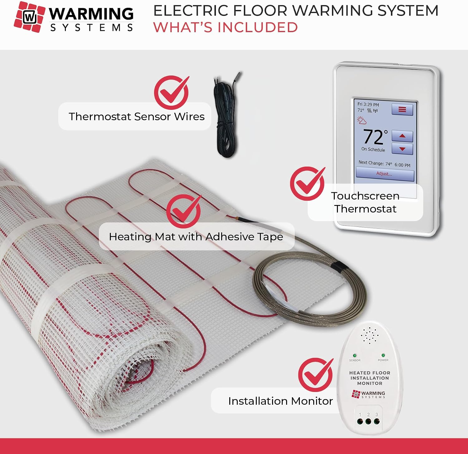 40 Sq Ft 120V Electric Floor Heating System Mat Kit | Premium UDG4-4999 touchscreen thermostat with built-in GFCI, Heating mat, floor sensor & installation monitor included.