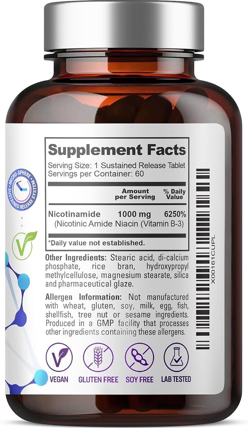 biophix B-3 Nicotinamide 1000 mg 60 Tablets Extra Strength Timed Release - Nicotinic Amide Niacin Natural Flush-Free Vitamin Formula - Supports Skin