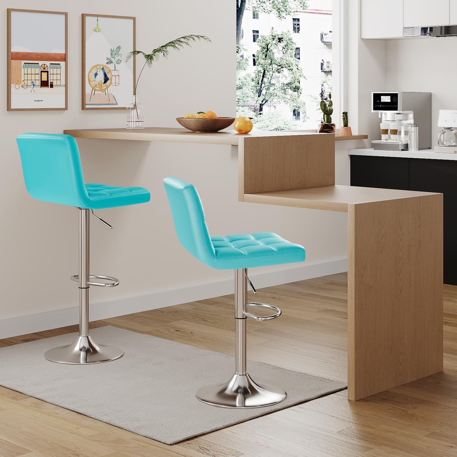Furmax Bar Stools Modern Pu Leather Swivel Adjustable Hydraulic Bar Stool Square Counter Height Stool Set of 2 (White)