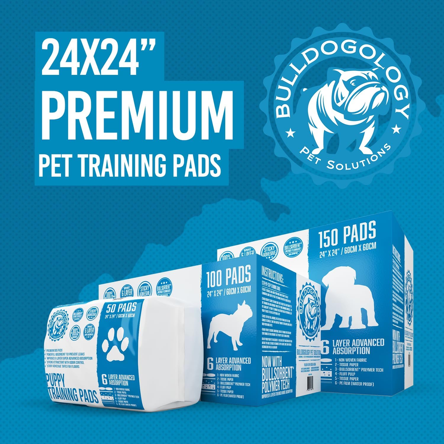 Bulldogology Puppy Training Pads - Pee Pads with Adhesive Sticky Tape (24x24) Large Dog Training Wee Pads with 6 Layer Extra Quick Dry Bullsorbent Polymer Tech (100-Count, White)