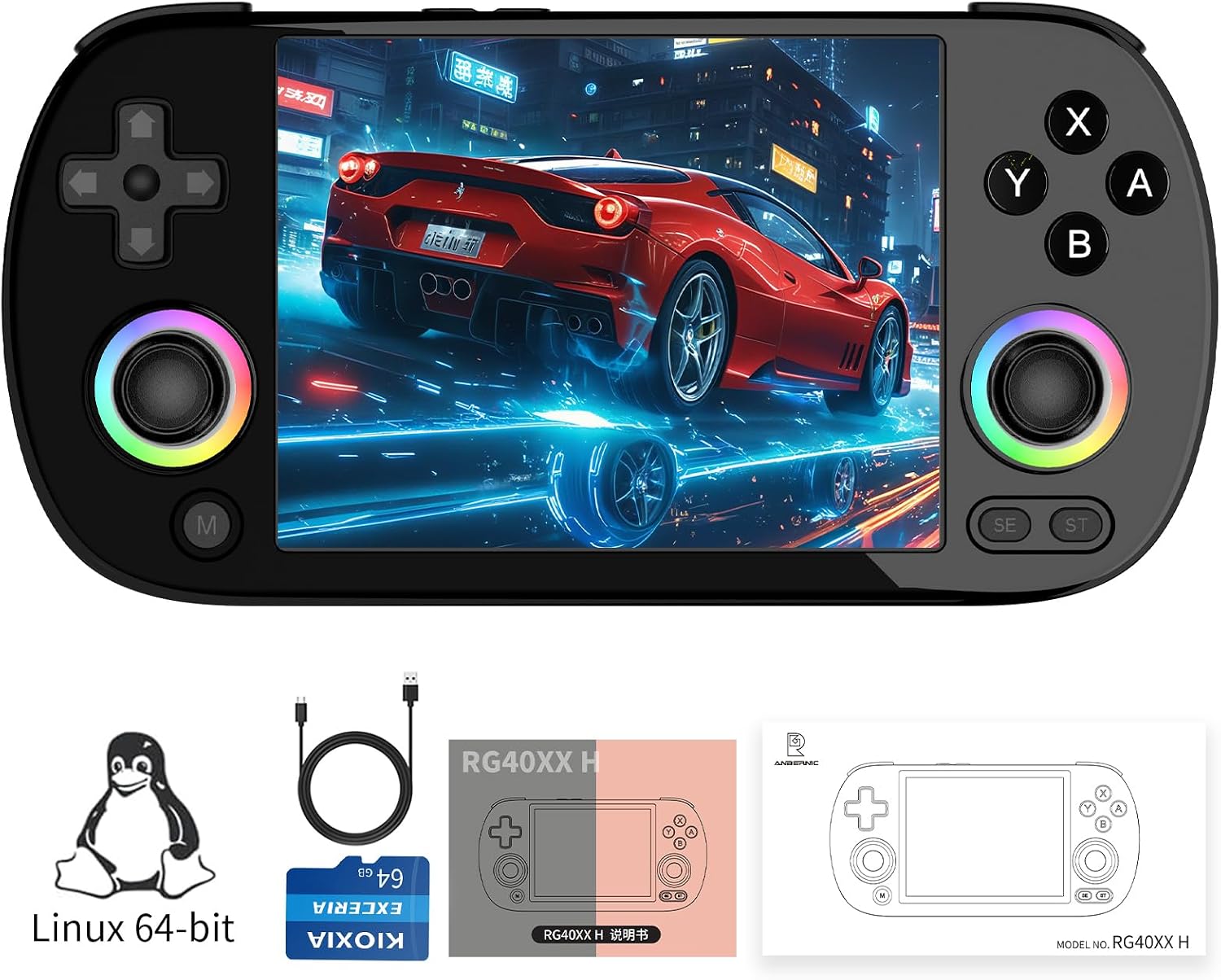 Doriteney RG40XX H Retro Handheld Game Console 4.0-inch IPS Screen Linux System Game Player 64GB Card Preloaded 5000+ Games RGB Lighting 3200mAh Battery RG40XX H-Black