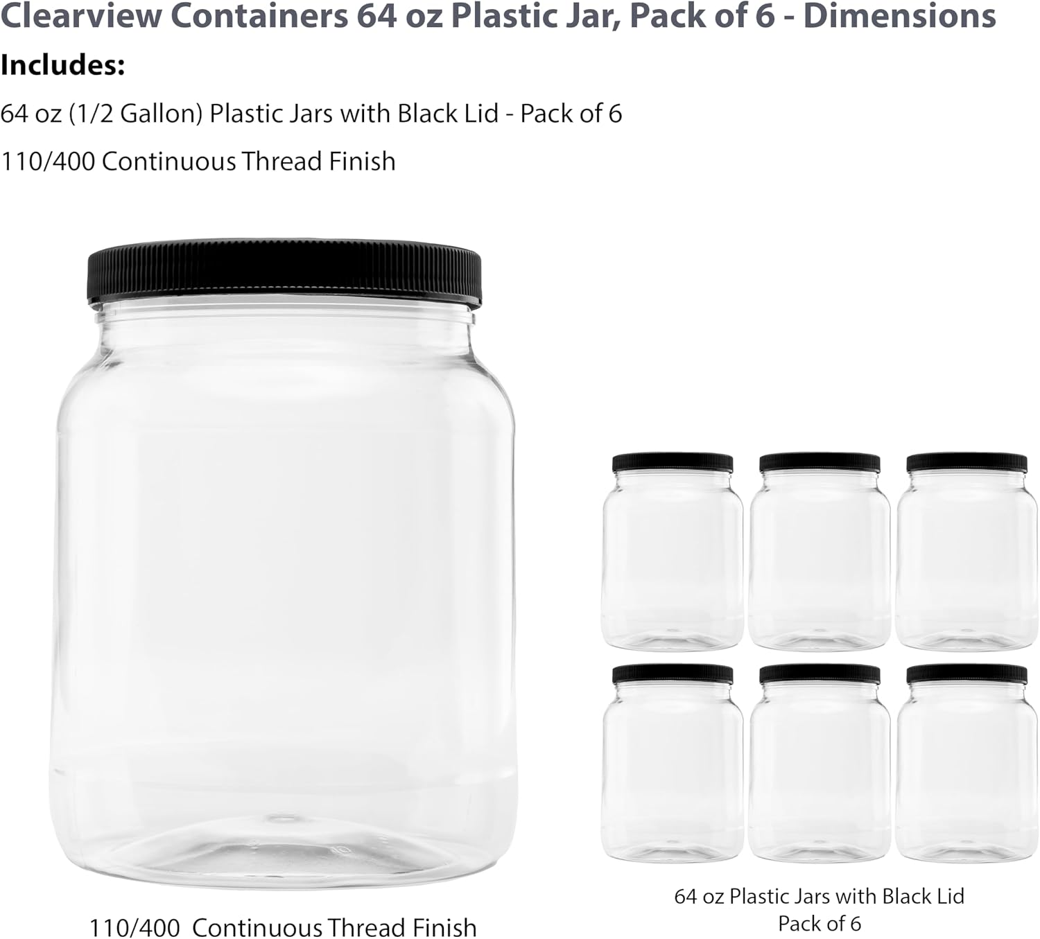 1 Pack - 128 oz (1 Gallon) Plastic Storage Jars with 110-400 Leak Proof Black Lids, Food Grade, BPA Free, Hand Wash Only (128oz, BLK, 1PK)