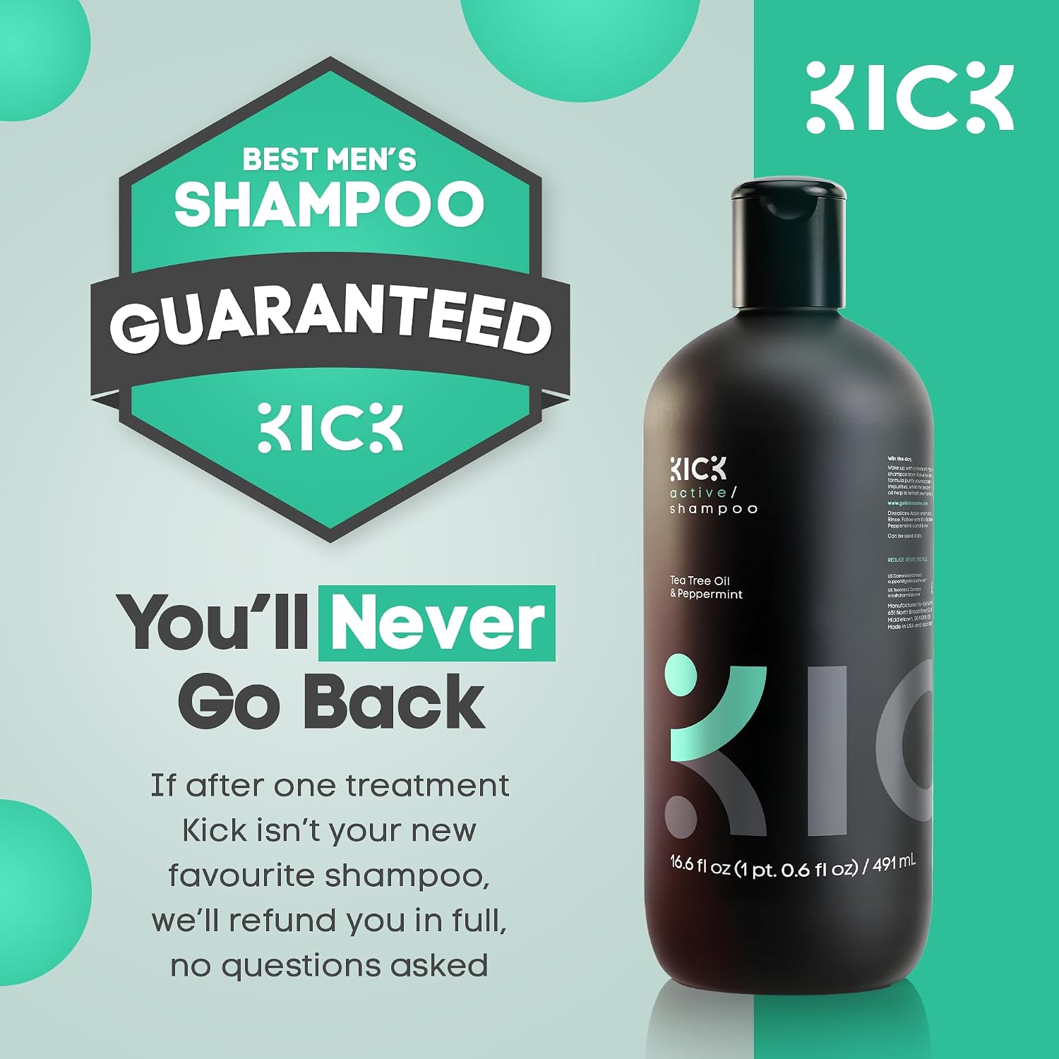 Kick Mens Shampoo - Peppermint & Tea Tree, Anti-Dandruff for Oily Hair | Oil Control & Scalp Soothing - Itchy Scalp Relief - Sulfate-Free