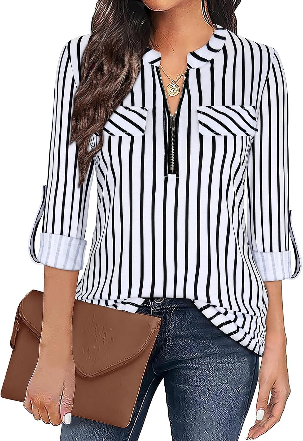 Tanst Sky Womens Casual Long Sleeve Zipped V Neck Plaid Tunic Blouses