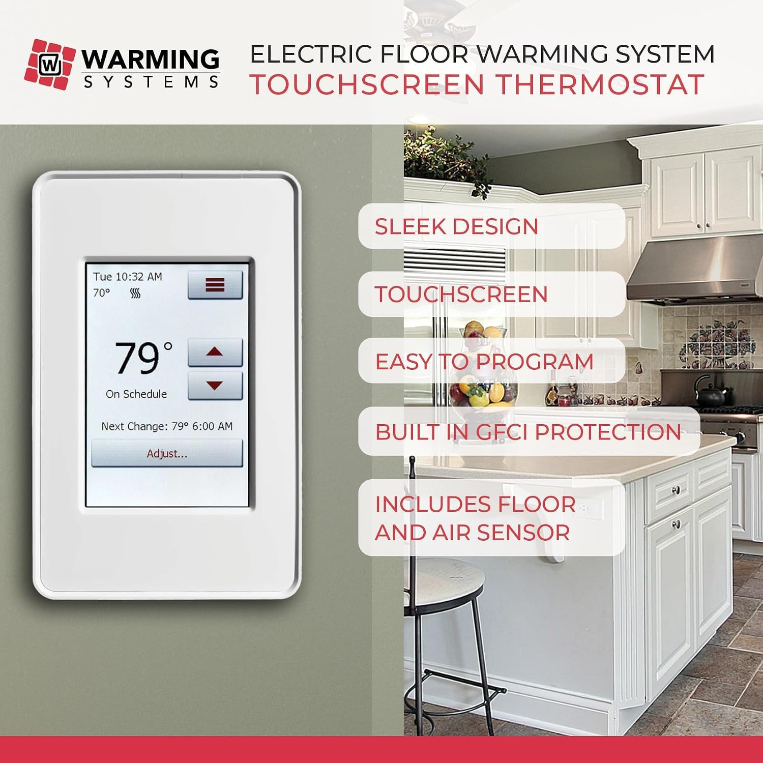 40 Sq Ft 120V Electric Floor Heating System Mat Kit | Premium UDG4-4999 touchscreen thermostat with built-in GFCI, Heating mat, floor sensor & installation monitor included.