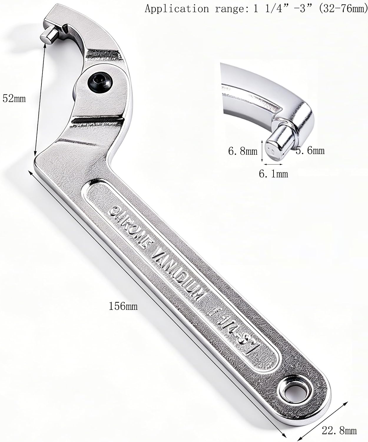 Chrome Vanadium C Pin Spanner Adjustable Hook Wrench, Round Head 32-76mm