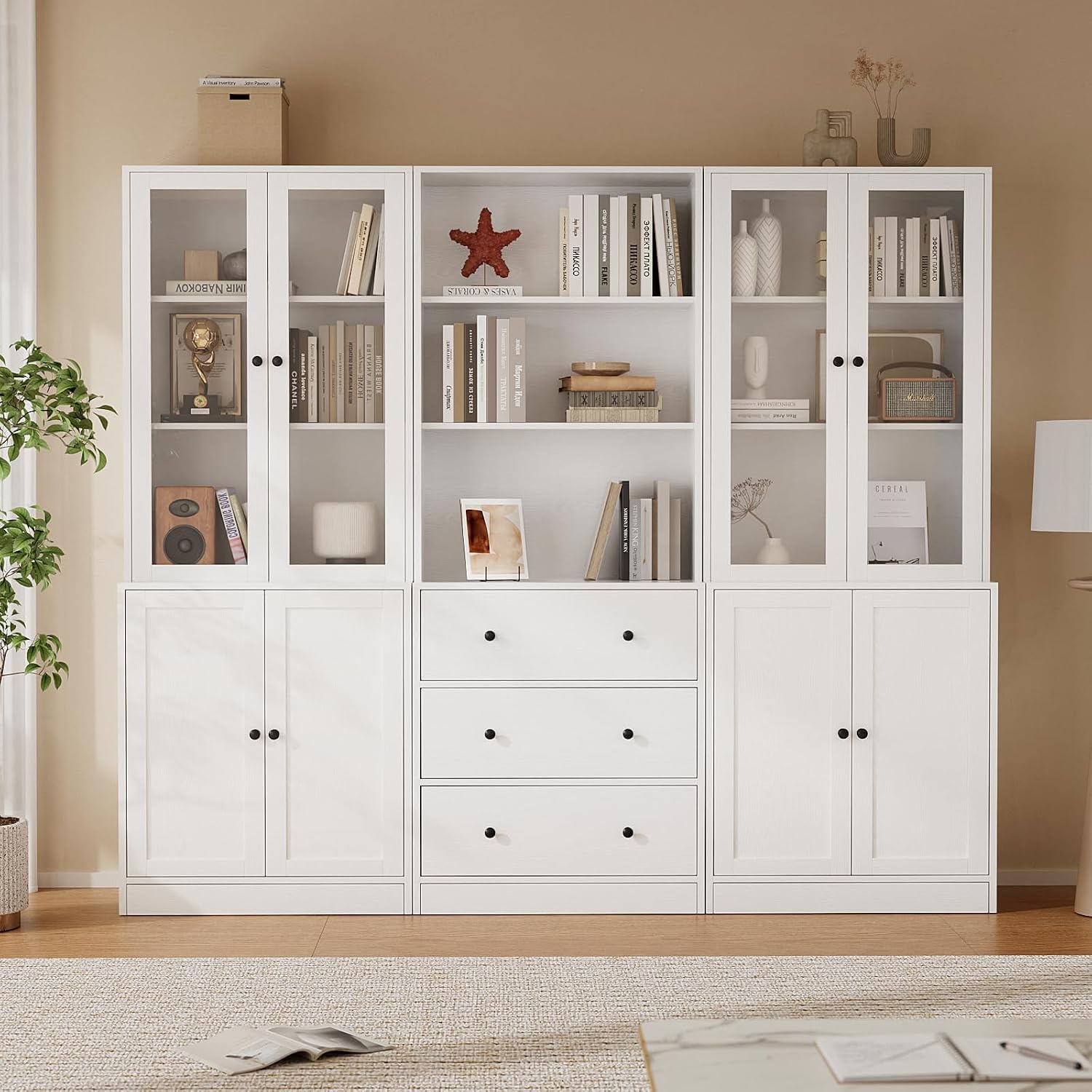 TUSY 71" H Bookcase with Storage | 6-Tier Modern Bookshelf with Drawers, Display Bookcase with Glass Doors, White Curio Cabinet for Home Office, Living Room