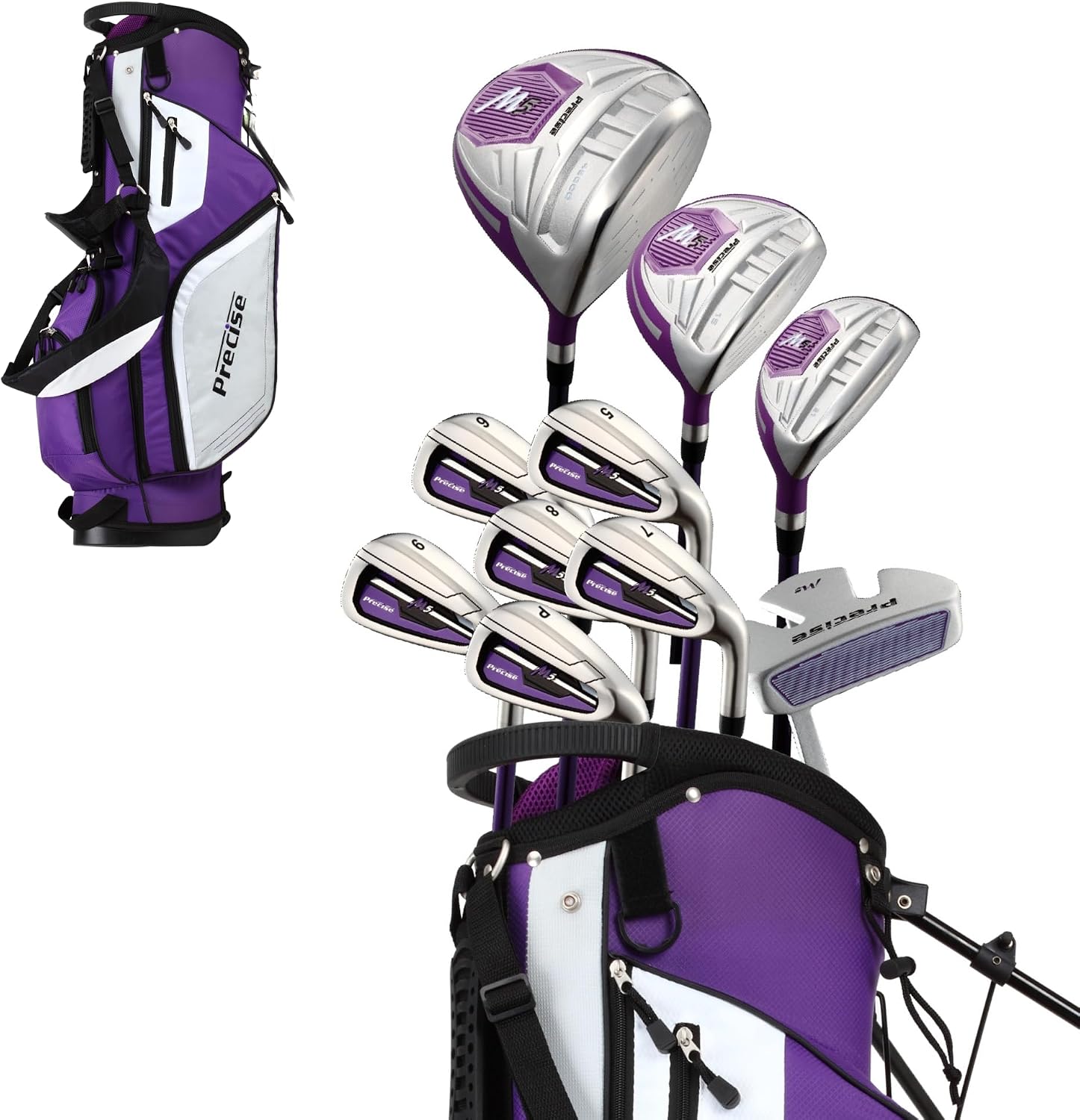 Precise M5 - Women's Golf Club Set - Purple | Titanium Driver, Fairway & Hybrid, Irons Through Wedge, Putter, Headcovers, Graphite Shafts, Petite To Tall
