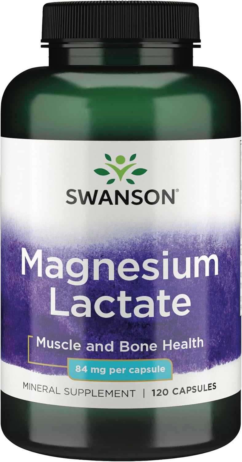 Swanson Magnesium Lactate Lactose-Free, 84 mg, 120 Capsules | Lactose-Free Mineral Supplement for Muscle and Bone Health Support, Gentle on the Stomach, Non-GMO and Gluten-Free