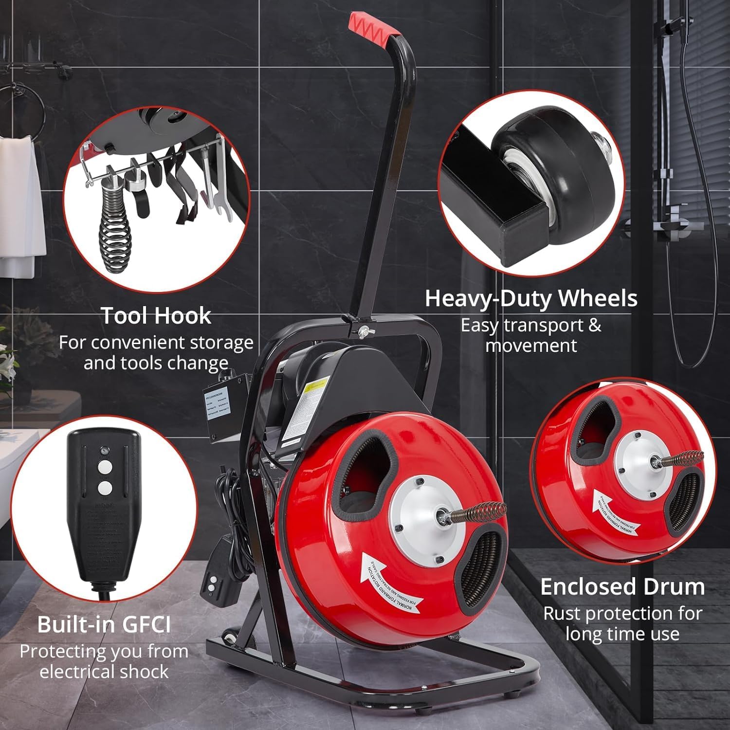 Drain Cleaning Machine, 50FT x 1/2 Inch Professional Electric Drain Auger with 4 Cutters & Foot Switch and Pair of Gloves for 1 to 4 Inch Pipes, Red