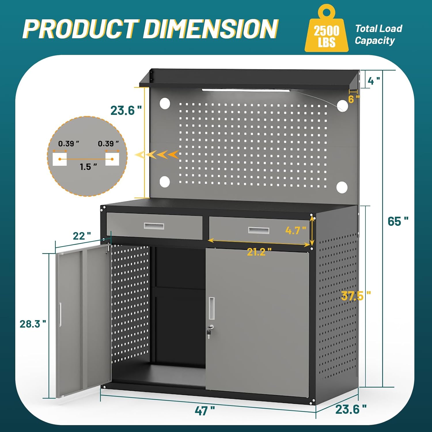 48" Heavy Duty Workbench with Drawers and Lockable Storage Cabinet- 2500 LBS Capacity Work Bench with Pegboard