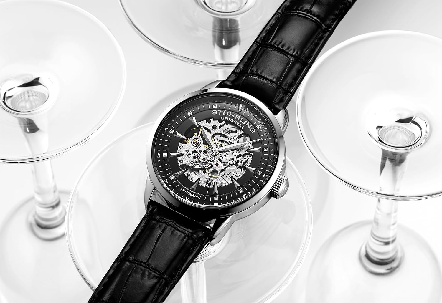 Stuhrling Original Mens Skeleton Automatic Dress Watch with Alligator Embossed Leather Strap Skeleton Dial