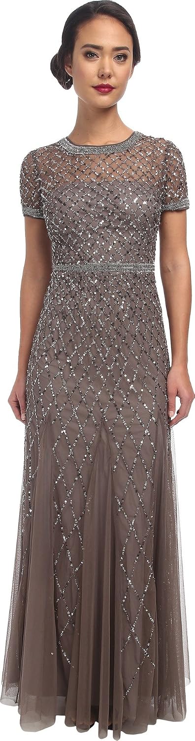 Adrianna Papell Womens Short-Sleeve Grid Beaded Gown