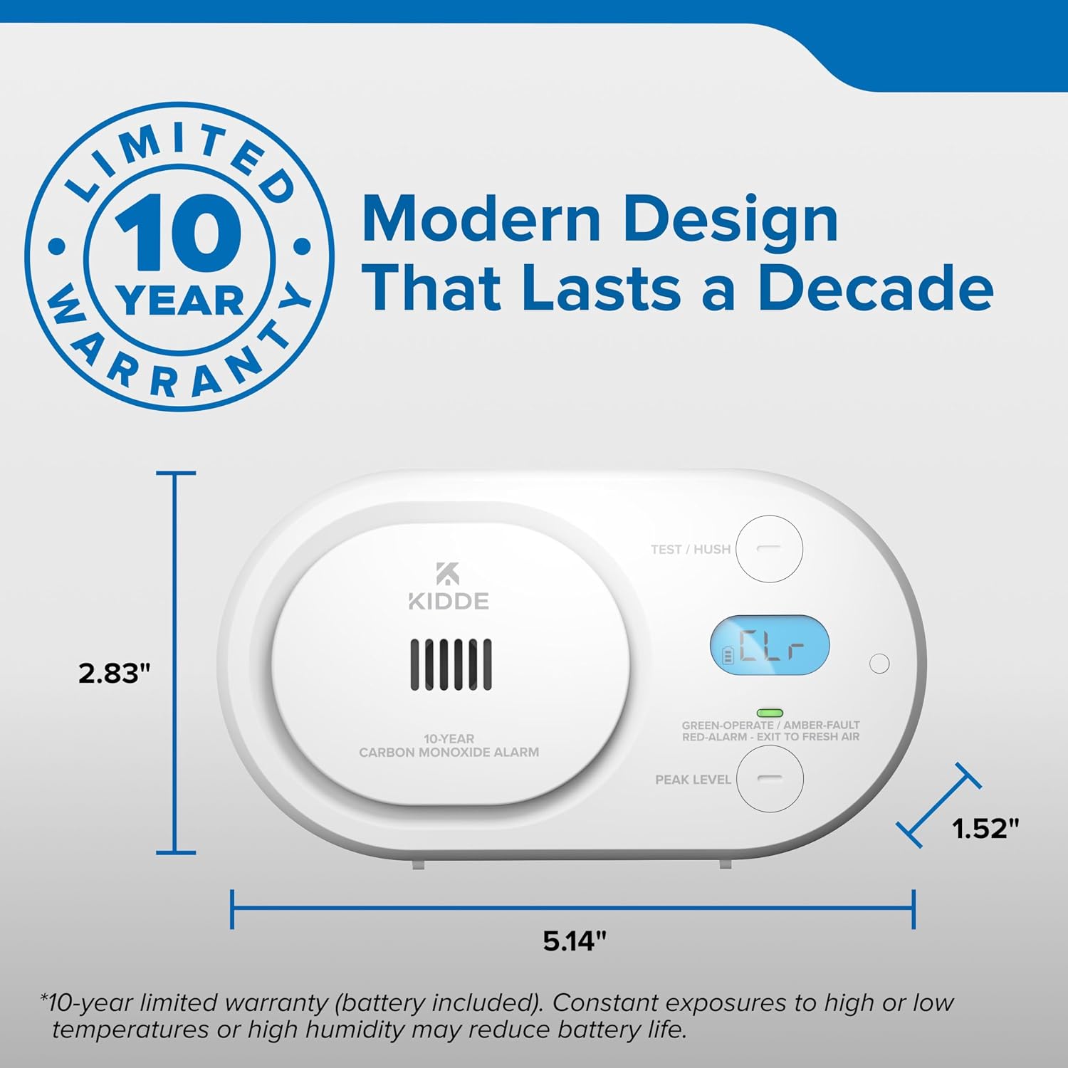 Kidde Carbon Monoxide Detector, 10-Year Battery Powered, Digital Display, LED Status Indicators, 85 dB Alarm, 3rd Edition