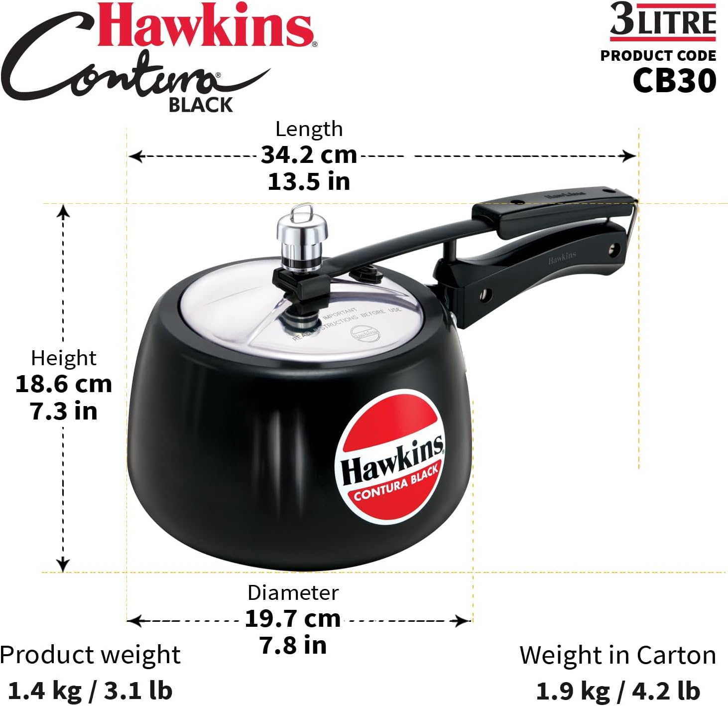 Hawkins 3.5 Litre Contura Black Pressure Cooker, Hard Anodised Inner Lid Cooker, Handi Cooker, Black (CB35)