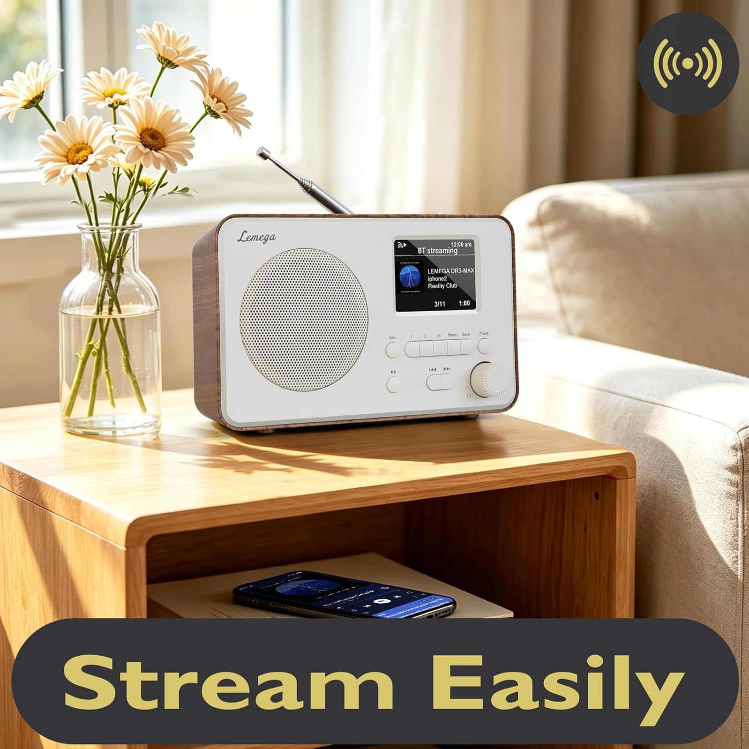 LeMega IR1PRO Internet Radio, Podcasts, Bluetooth, FM, Walnut | Alarm clock, full colour display, mains or AA battery, compact kitchen radio, snooze