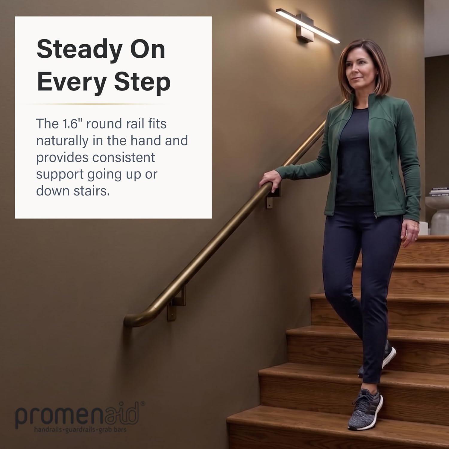 Promenaid Silver 5ft ADA Handrail Kit - Complete Indoor/Outdoor Stair Handrail - 1.6" Round Satin-Anodized Aluminum Railing with 3 Silver Painted