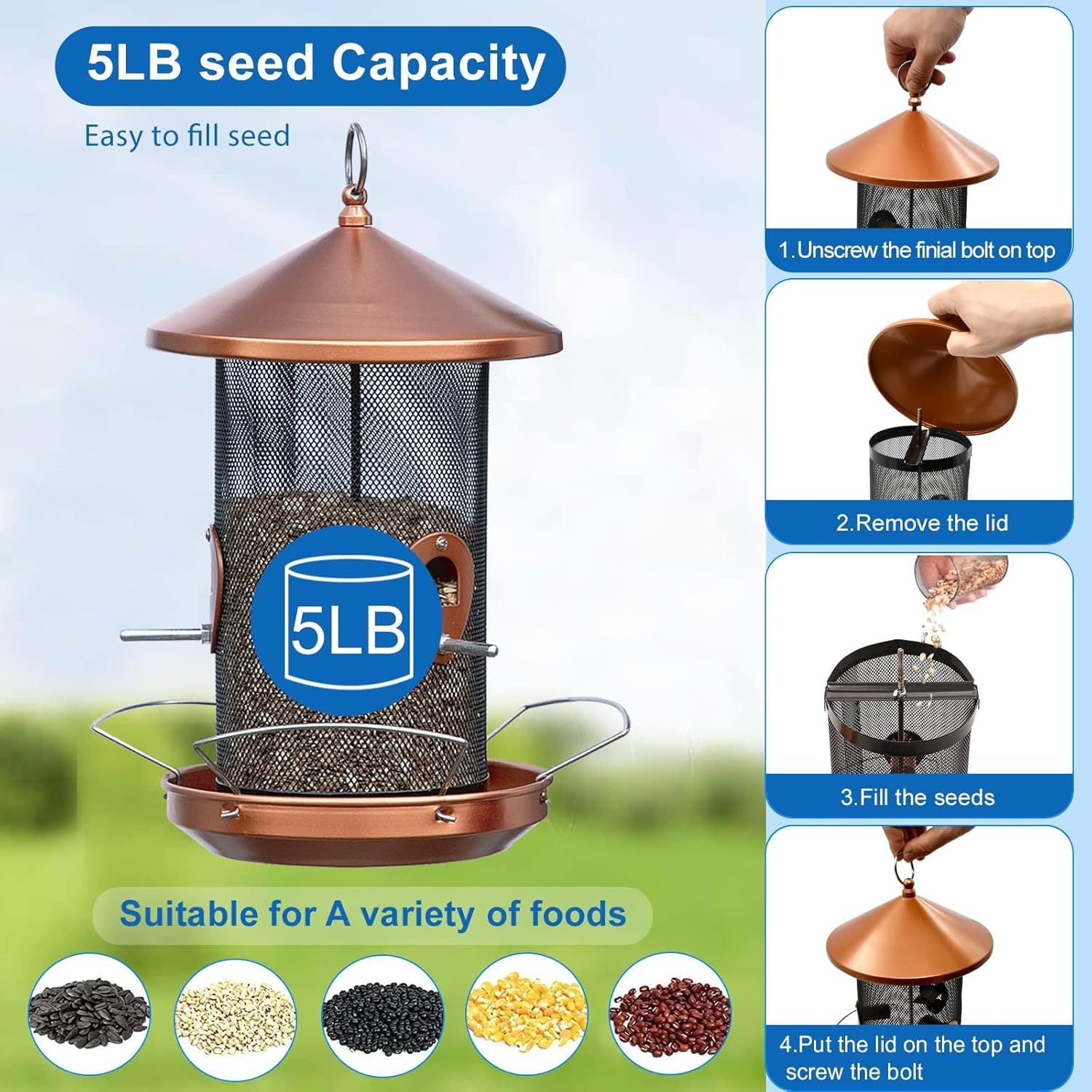 Large Bird Feeders for Outside: 3-5LB Capacity Seed Feeding | 12.6inch Easy Hanging for Tree Garden Yard Outside Decor Cardinal Finch - Gardening