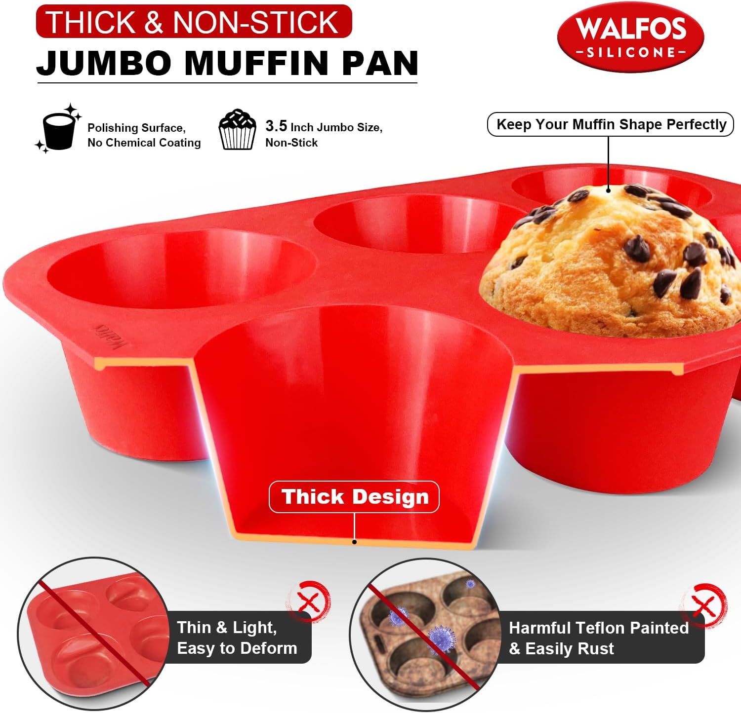 Walfos Silicone Texas Muffin Pan - 6 Cup Jumbo Silicone Cupcake Pan, Non-Stick, Just Release! Perfect for Egg Muffin