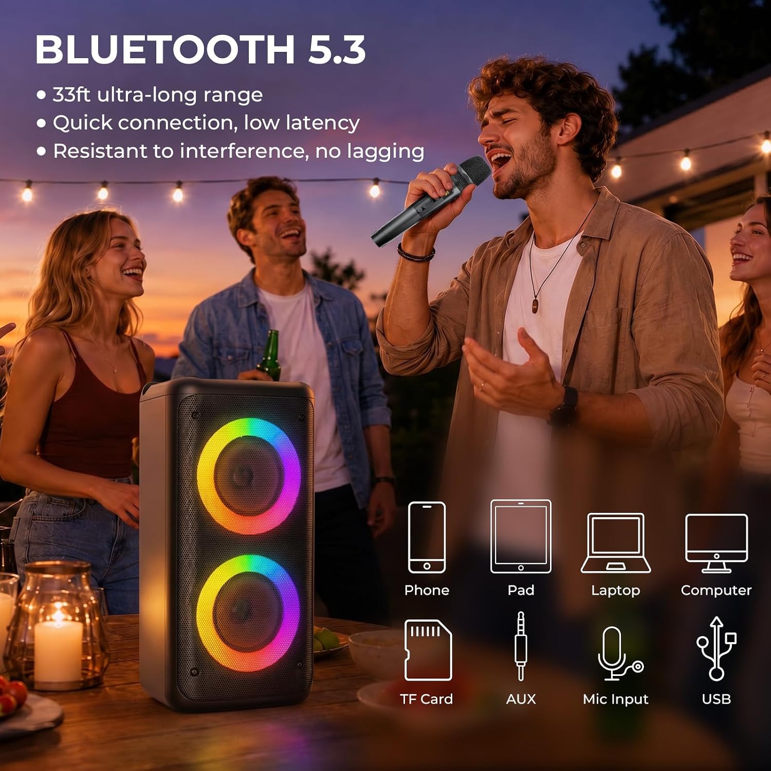 Bluetooth Speaker with 2 Wireless Microphones, 30W Big Party Speaker for Adults Kid Karaoke with Lights