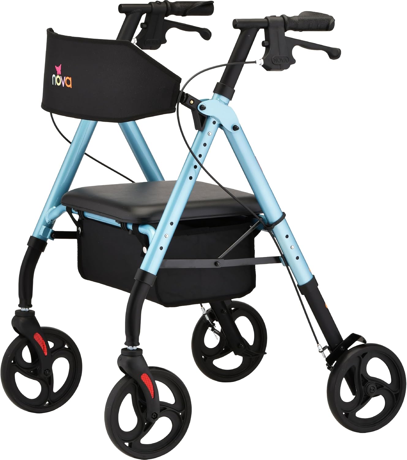 NOVA Star 8 Foldable Rollator Walker for Seniors (5'3"–6'2"), Wide Padded Backrest with Seat, 8” All-Terrain Wheels, Easy-Grip Locking Hand Brakes, Height Adjustable, Sky Blue