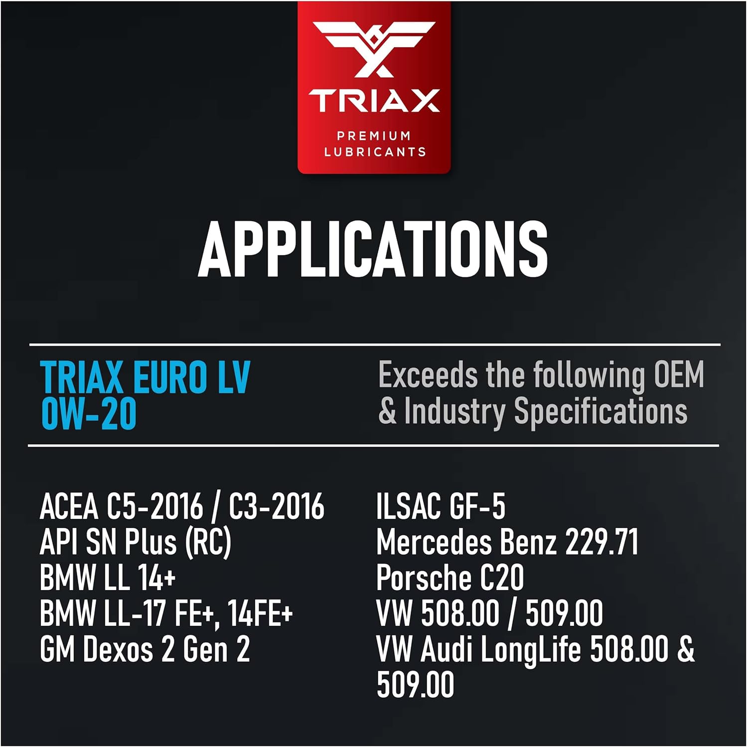 TRIAX Euro LV 0W-20 Full Synthetic European Car Engine Oil | 15K Miles | Compatible with BMW LL-12+, LL-17+, MB 229.71, VW 508.00/509.00 (1 Quart)