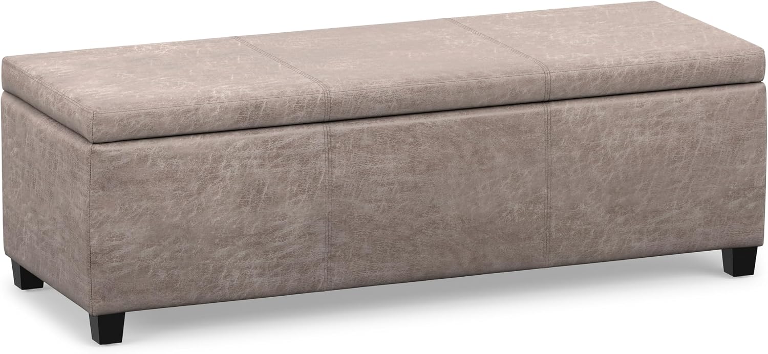 SIMPLIHOME Avalon 48" Wide Vegan Leather Storage Ottoman in Brown