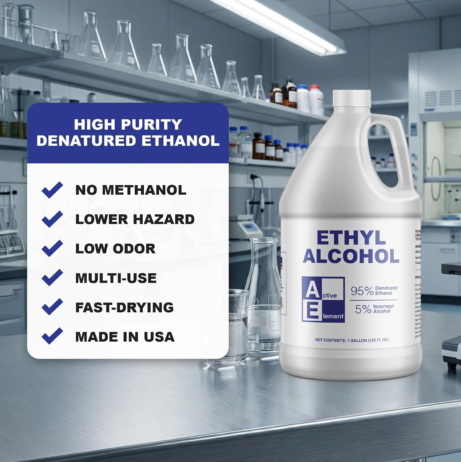 Ethyl Alcohol (Ethanol) 95% Denatured – 1 Gallon – High Purity Multi-Use Solvent – Lab, Electronics