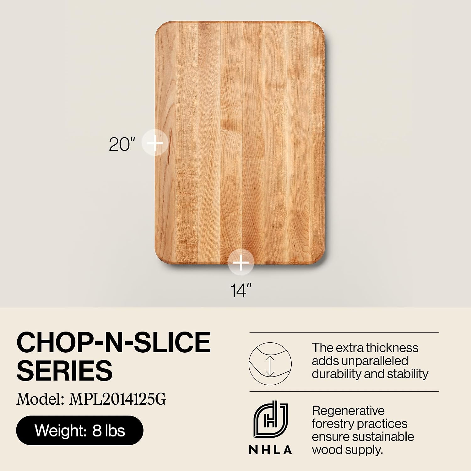 John Boos Chop-N-Slice Series Rectangular Maple Cutting Board, 20" x 14" x 1.25", 10 lb – Reversible Edge-Grain Butcher Block with Finger Grips, Made in the USA