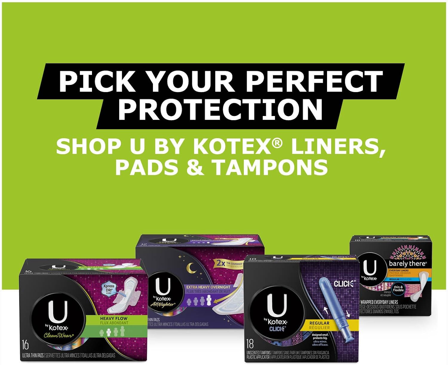 U by Kotex CleanWear Ultra Thin Pads with Wings, Heavy Flow, Fragrance-Free, 6 Packs of 16 (96 Pads Total)