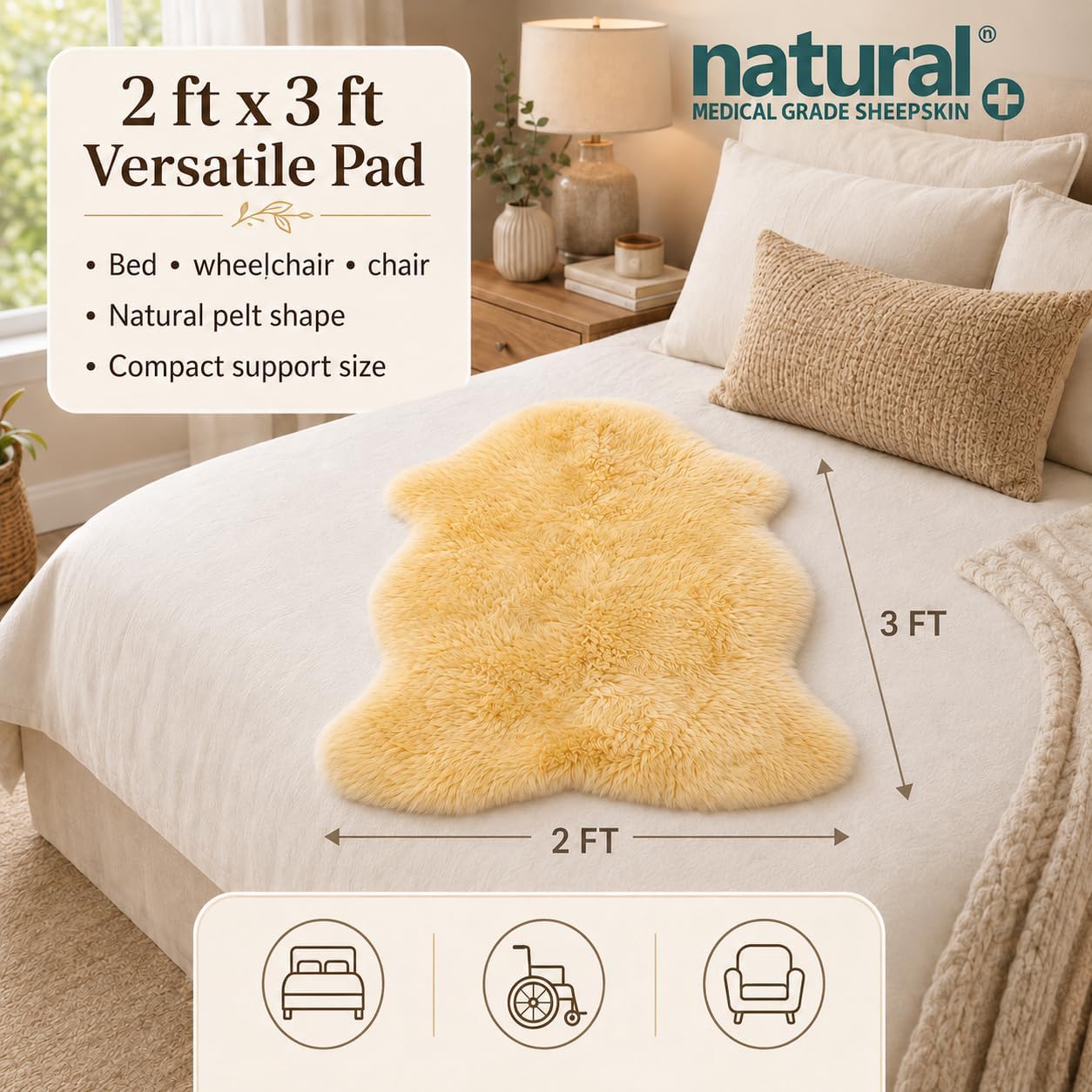 Natural Medical Sheepskin Pad, Non-Slip Back, Natural, 17 x 17 in, 1 Pack