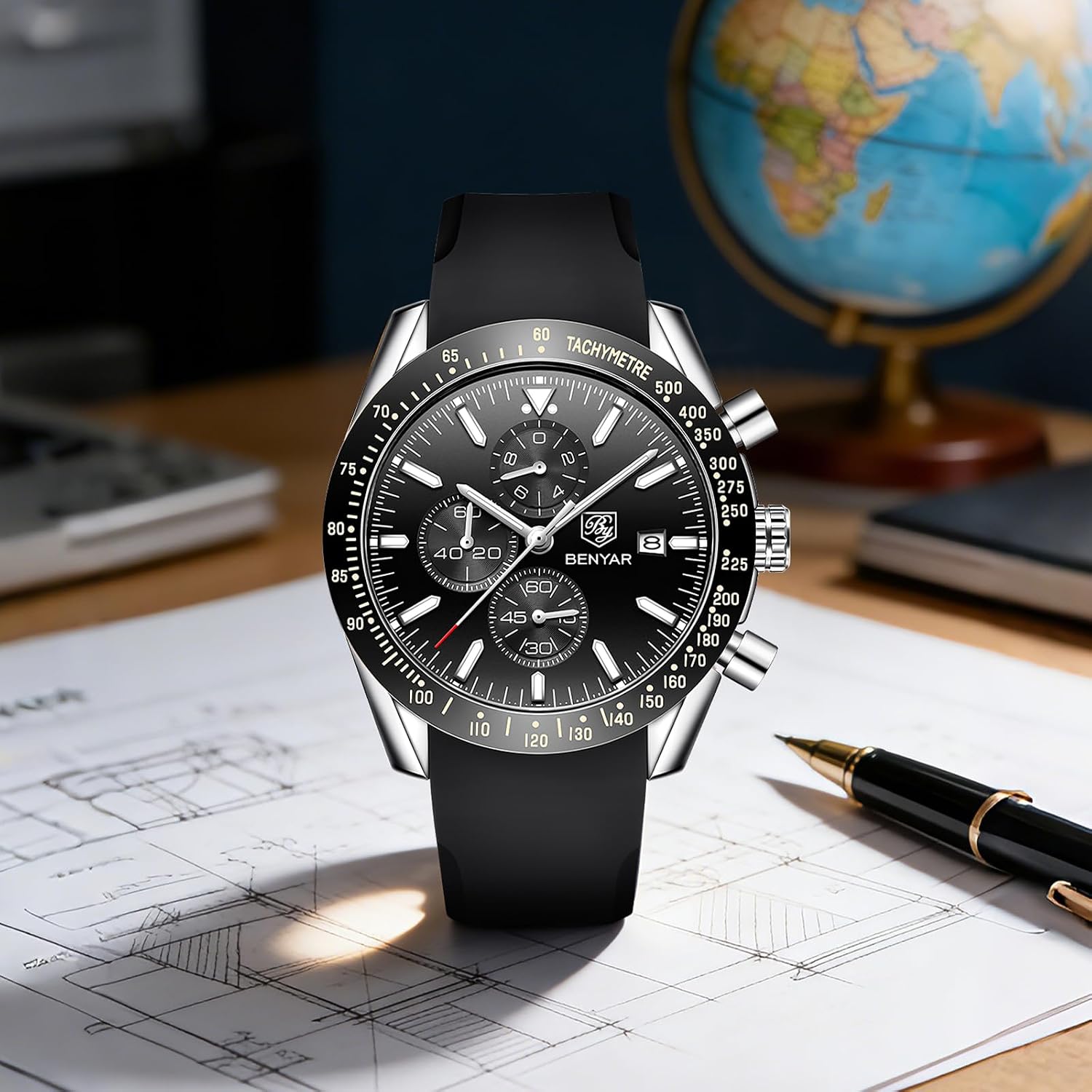 BENYAR Watch for Men Analog Quartz Chronograph Waterproof Luminous Designer Mens Wrist Watches Business Work Sport Casual Dress Watch with Silicone Strap Elegant Gifts for Men