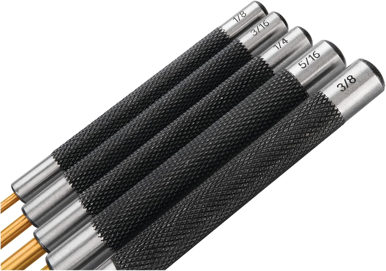 Performance Tool W759 5-Piece 8 in. Long Brass Pin Punch Set | Non-sparking soft metal striking heads. Knurled steel handles. Pin sizes from 1/8 to 3/8 inch