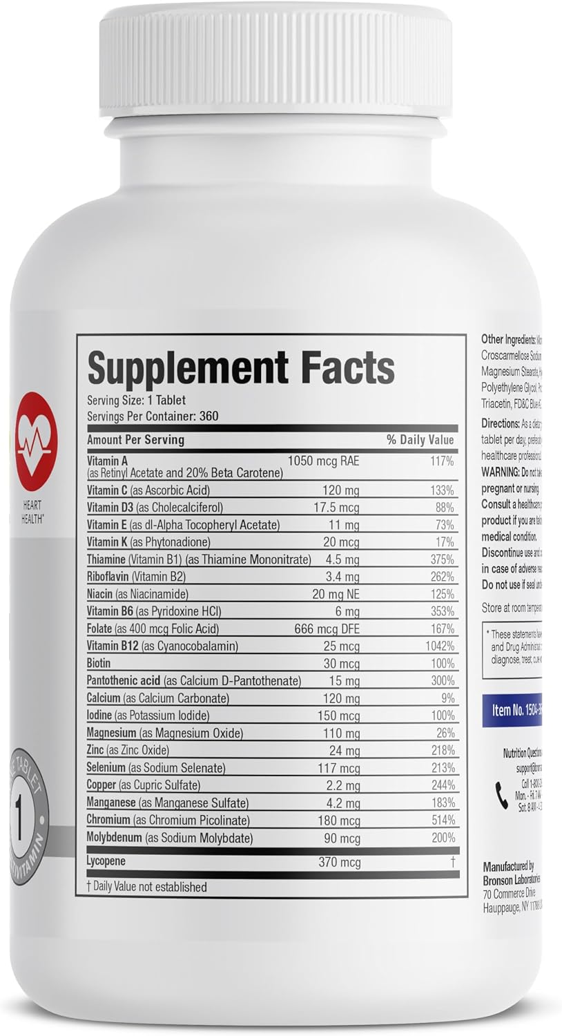 Bronson ONE Daily Mens 50+ Complete Multivitamin Multimineral, 180 Tablets | Once-Daily, Targeted Nutrition For Active Men Over 50, Non-GMO, Gluten-Free, Soy-Free