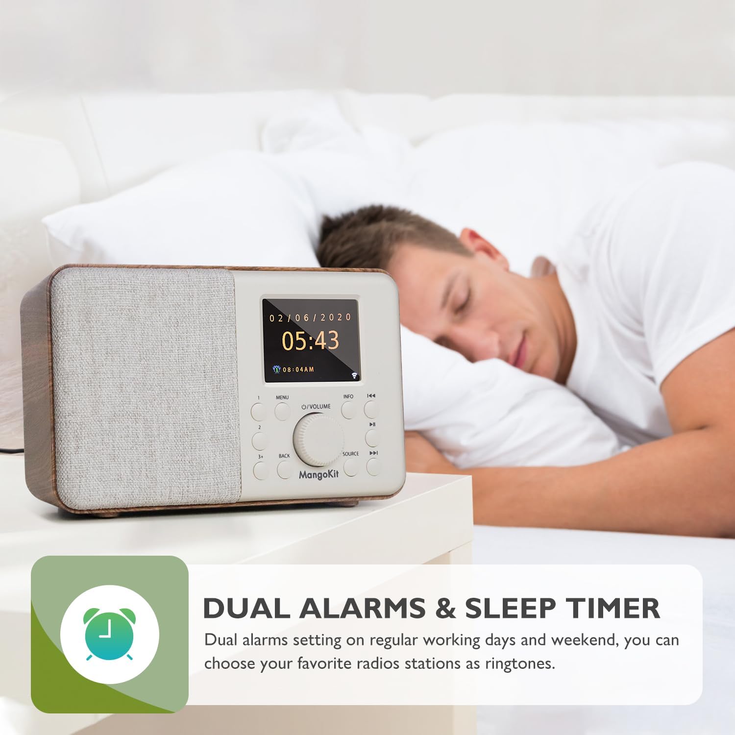 SR10 WiFi Radio, Bluetooth, FM & Internet, Walnut | 60 presets, dual alarms, colour display, OKTIV App control, podcast player, mains or AA battery, headphone jack, compact