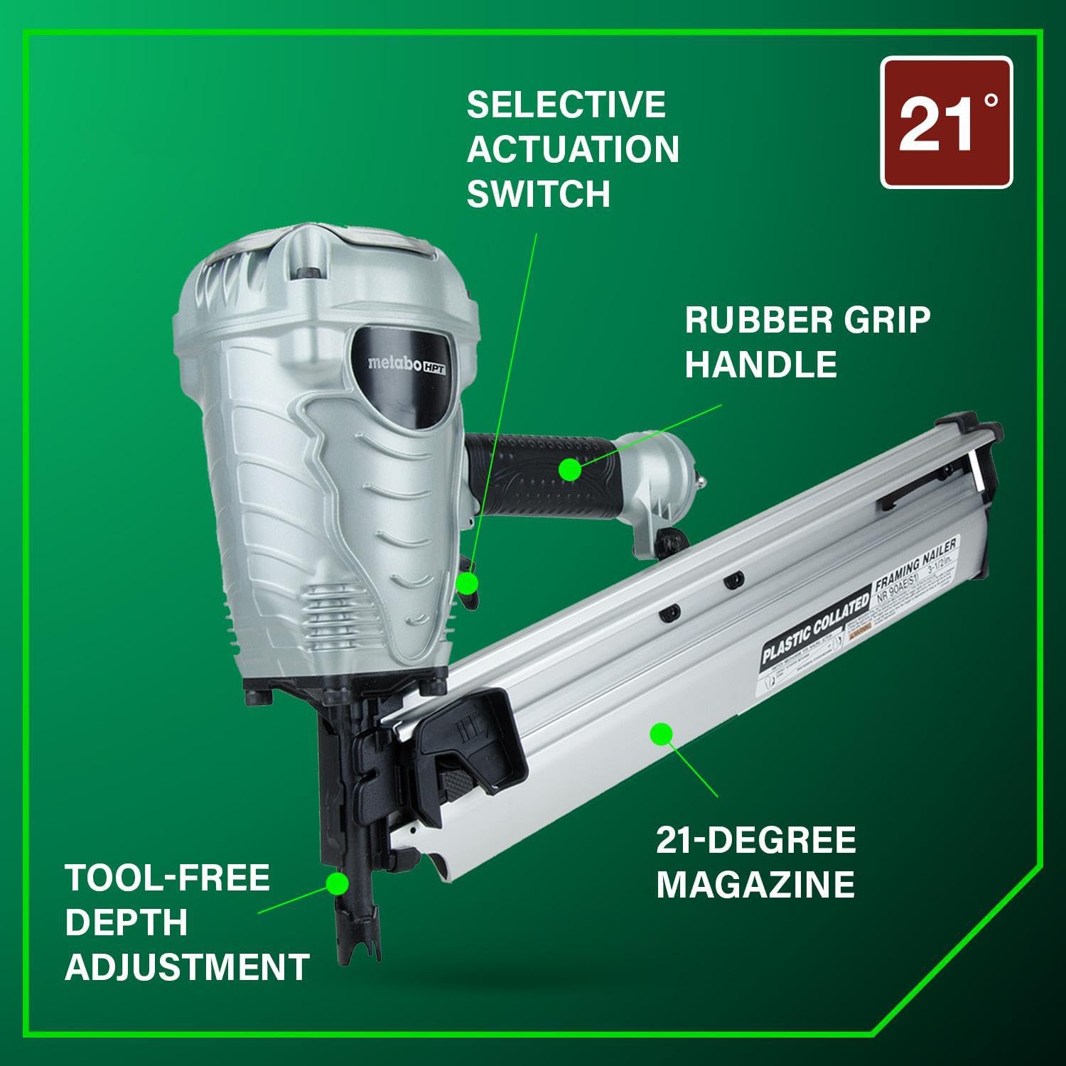 Metabo HPT Framing Nailer, 21° Plastic Collated 2-3.5in, NR90AES1
