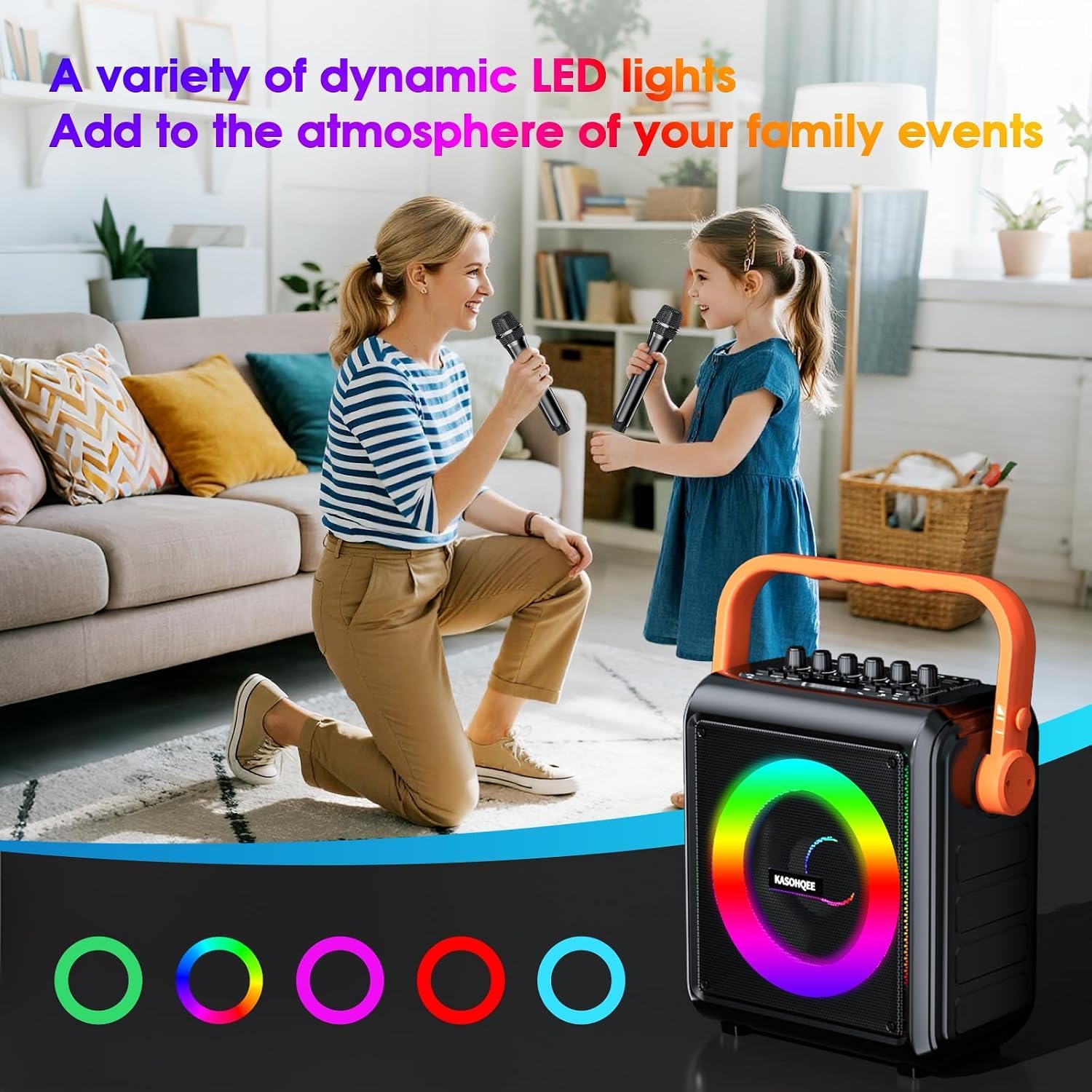 Karaoke Machine with 2 Wireless Microphones for Adults & Kids, 8000mAh Portable Bluetooth Speaker PA System with Lights, Supports AUX in/TF Card/FM/REC, Microphone Speaker Set for Home Party, Outdoor