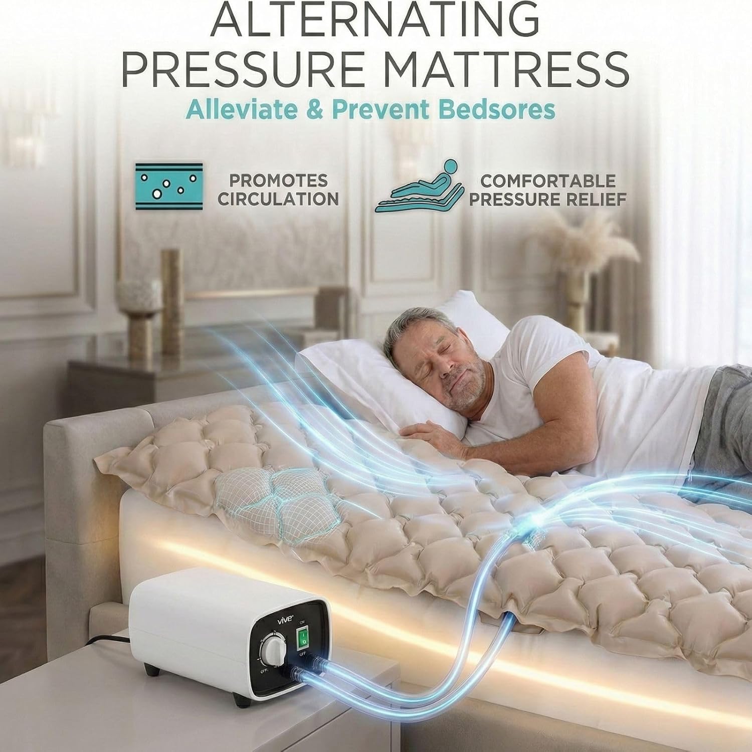 Vive Alternating Air Pressure Mattress Pad - The Original Bed Sore Solution | Dr. Recommended Hospital Bed Topper for Bedridden Patients - Includes Waterproof, Breathable Ulcer Cushion & Quiet Pump