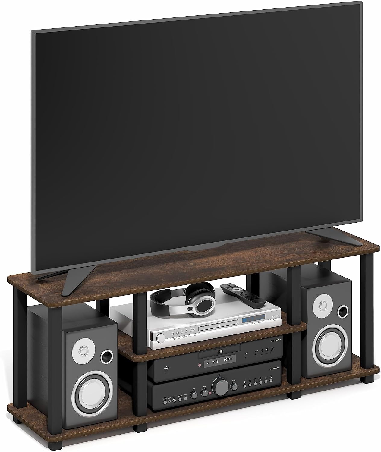 Furinno Turn-N-Tube No Tools 3D 3-Tier Entertainment TV Stand up to 50 inch TV, Round Tubes, French Oak Grey/Black | for TV up to 50 Inch, Open Frame Rectangular Entertainment Center with Storage Shelf, TV Console, for Living Room, Bedroom