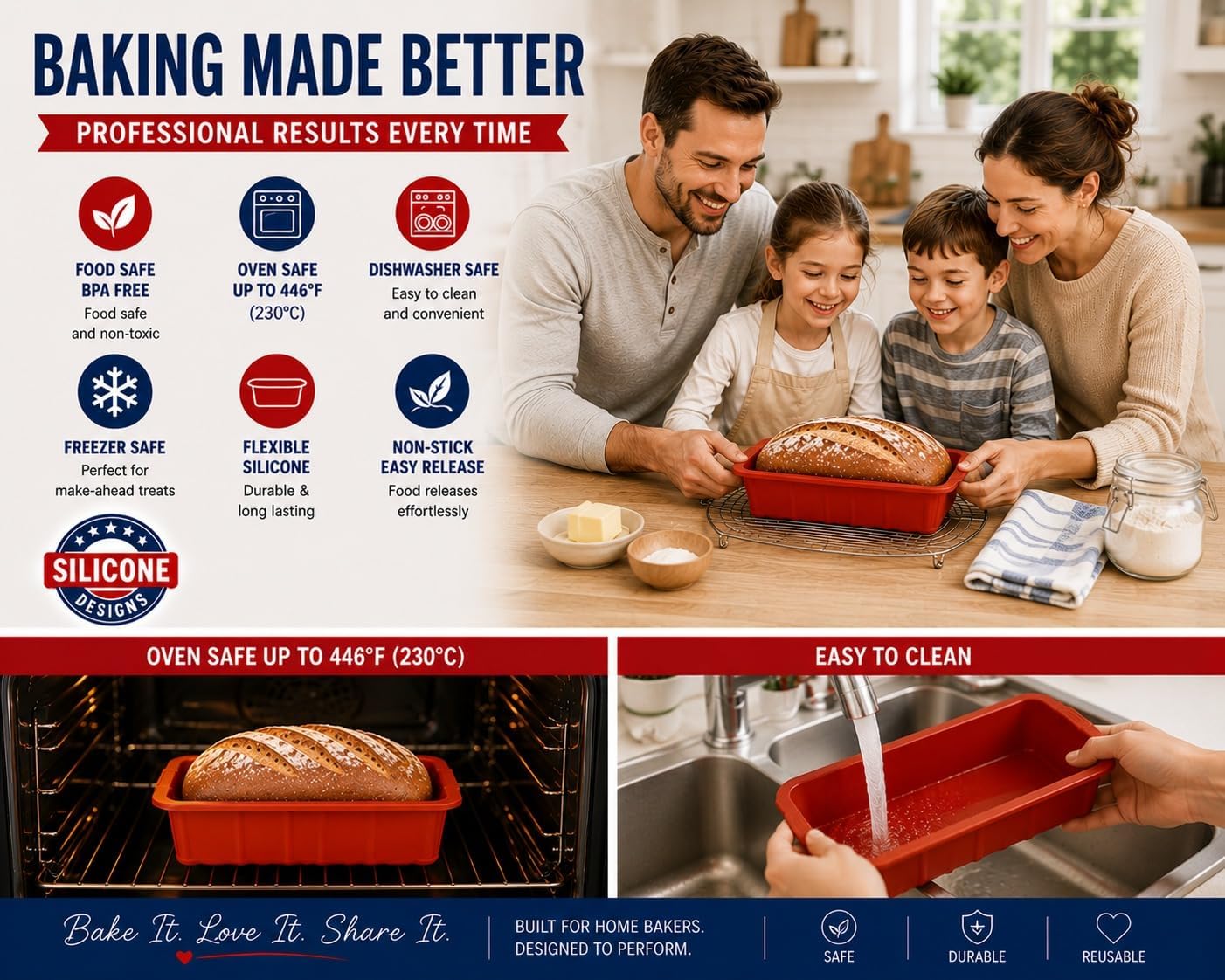 Silicone Large Bread Pan Set - Non-Stick 2PCS Baking Mold for Homemade Cakes, Breads, and Quiche | Premium Kitchen Pan | Dishwasher Safe 9.25L x 3.9W