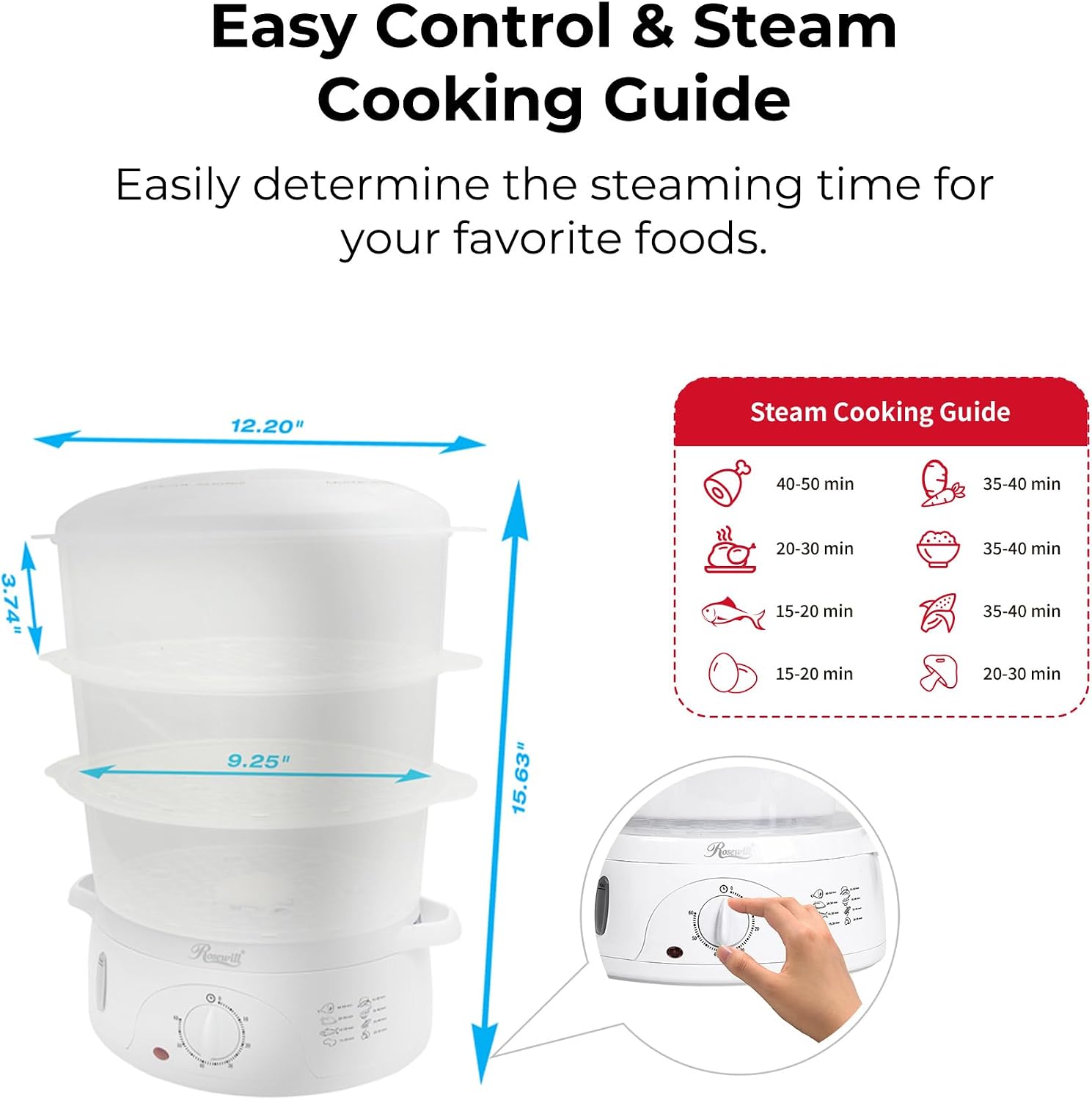 Rosewill Electric Food Steamer with 3 Tiers BPA-Free Stackable, Dishwasher Safe Baskets, 800W with fast steam heating within 40s
