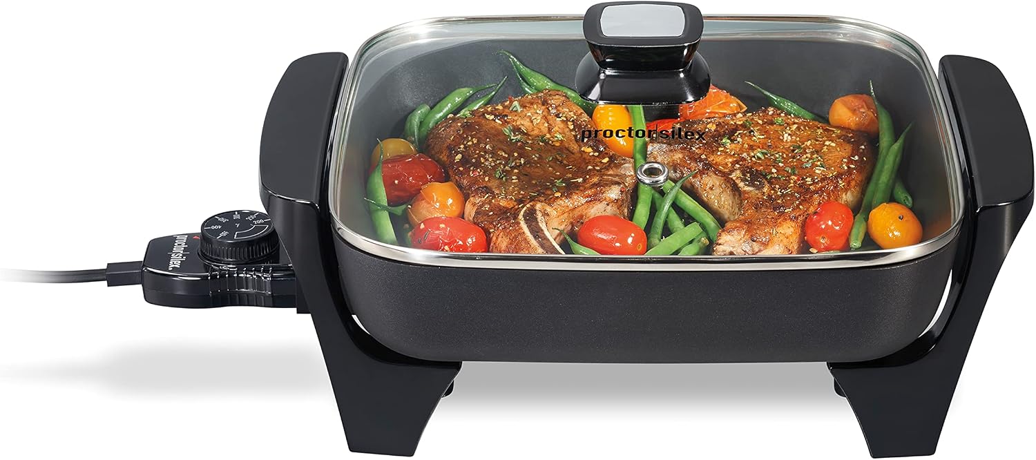 Proctor Silex Electric Skillet with Lid, 116 sq. in. Nonstick Cooking Surface for Frying, Sauteing, Simmering and Braising