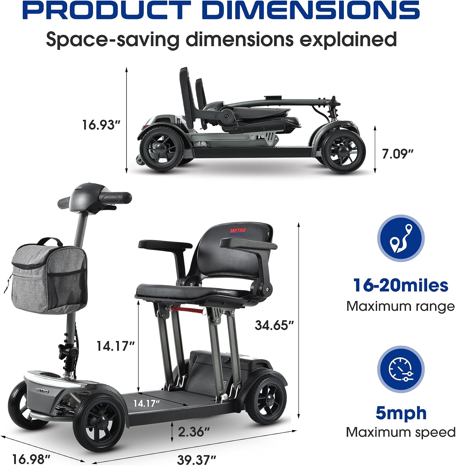 Metro Mobility 4 Wheel Foldable Mobility Scooter for Adults - 300 lbs Capacity Electric Mobility Scooters for Seniors - Long Range Power Extended