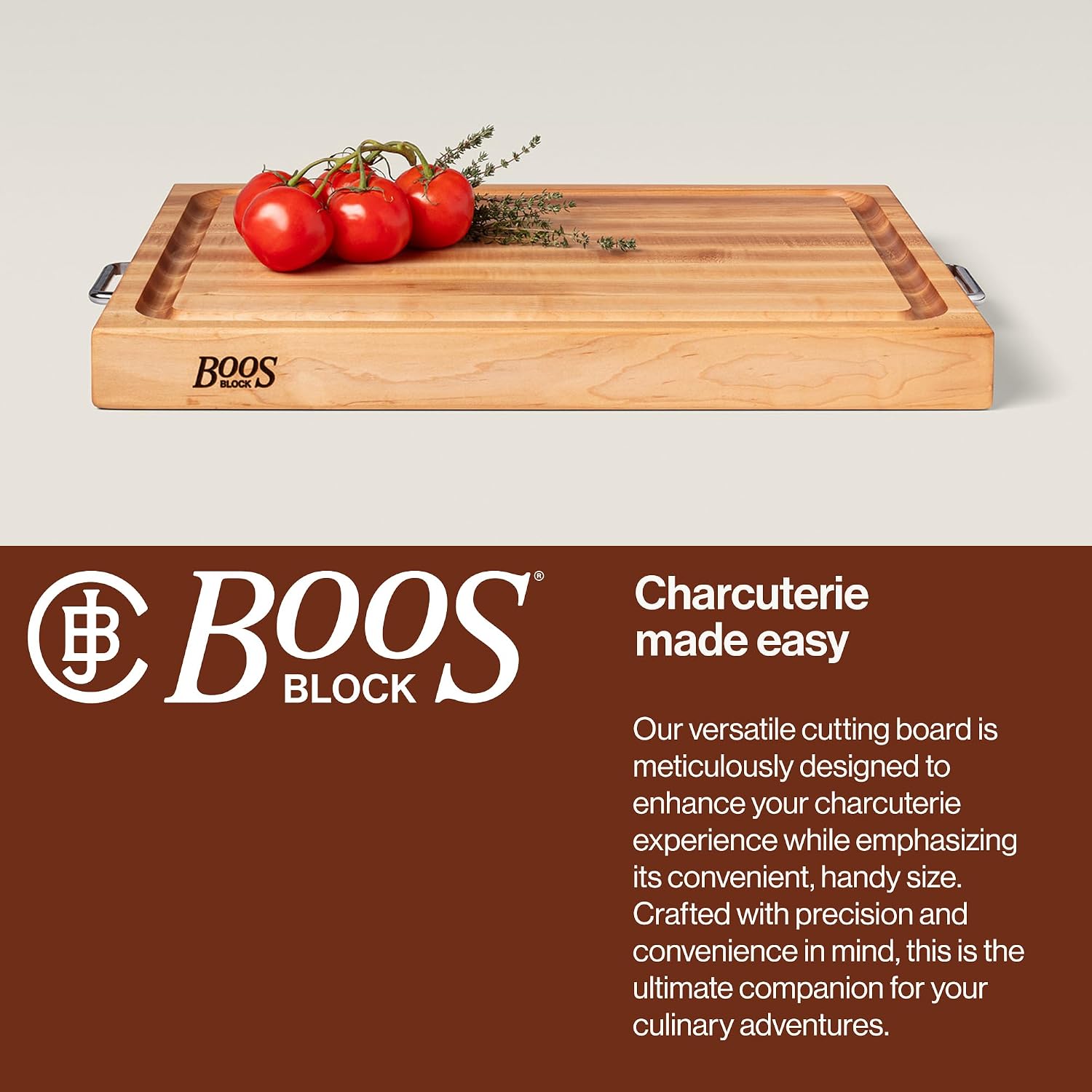John Boos Handle Boards Series Rectangular Wooden Maple Cutting Board 24”x18” – 2.25” Thick, 30-lb Reversible Butcher Block with Juice Groove, Edge-Grain & Metal Handles