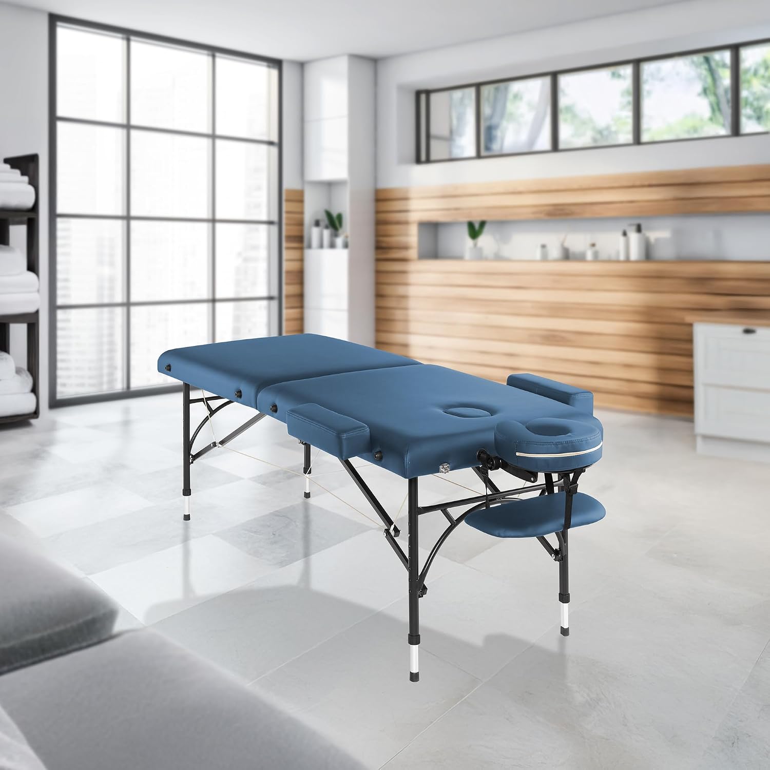Saloniture Professional Portable Lightweight Bi-Fold Massage Table with Aluminum Legs - Includes Headrest, Face Cradle